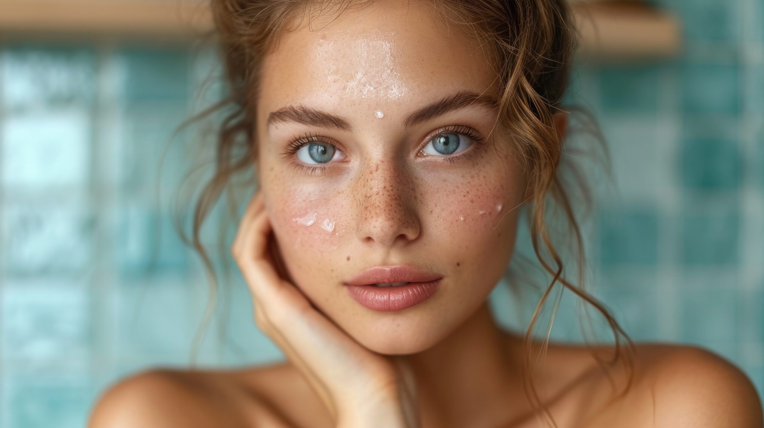 An attractive young woman applies a moisturizing anti-aging cream to her face in front of a bathroom mirror
