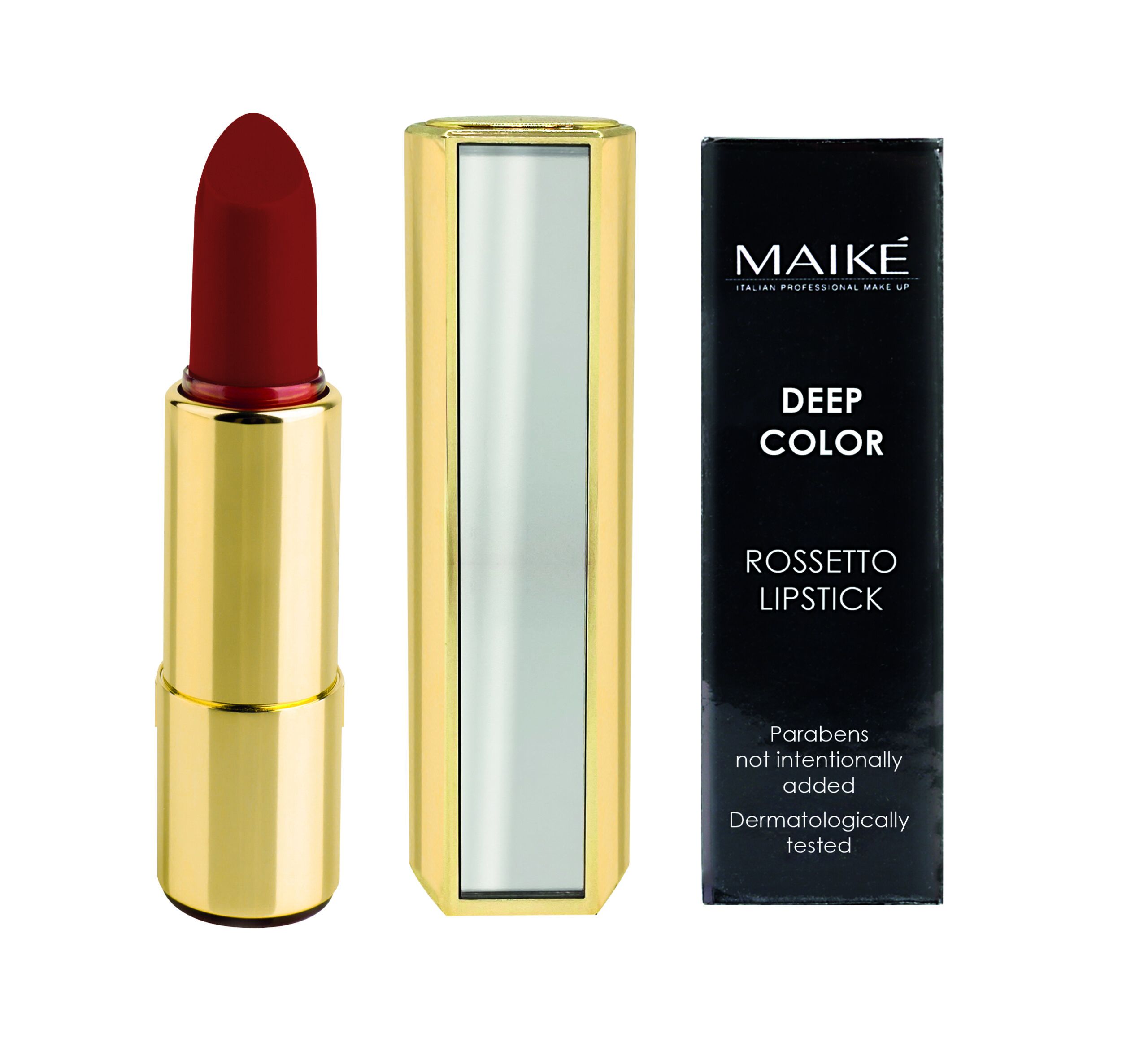 Red lipstick in golden tube on white background with mirror refl||Red lipstick in golden tube on white background with mirror refl