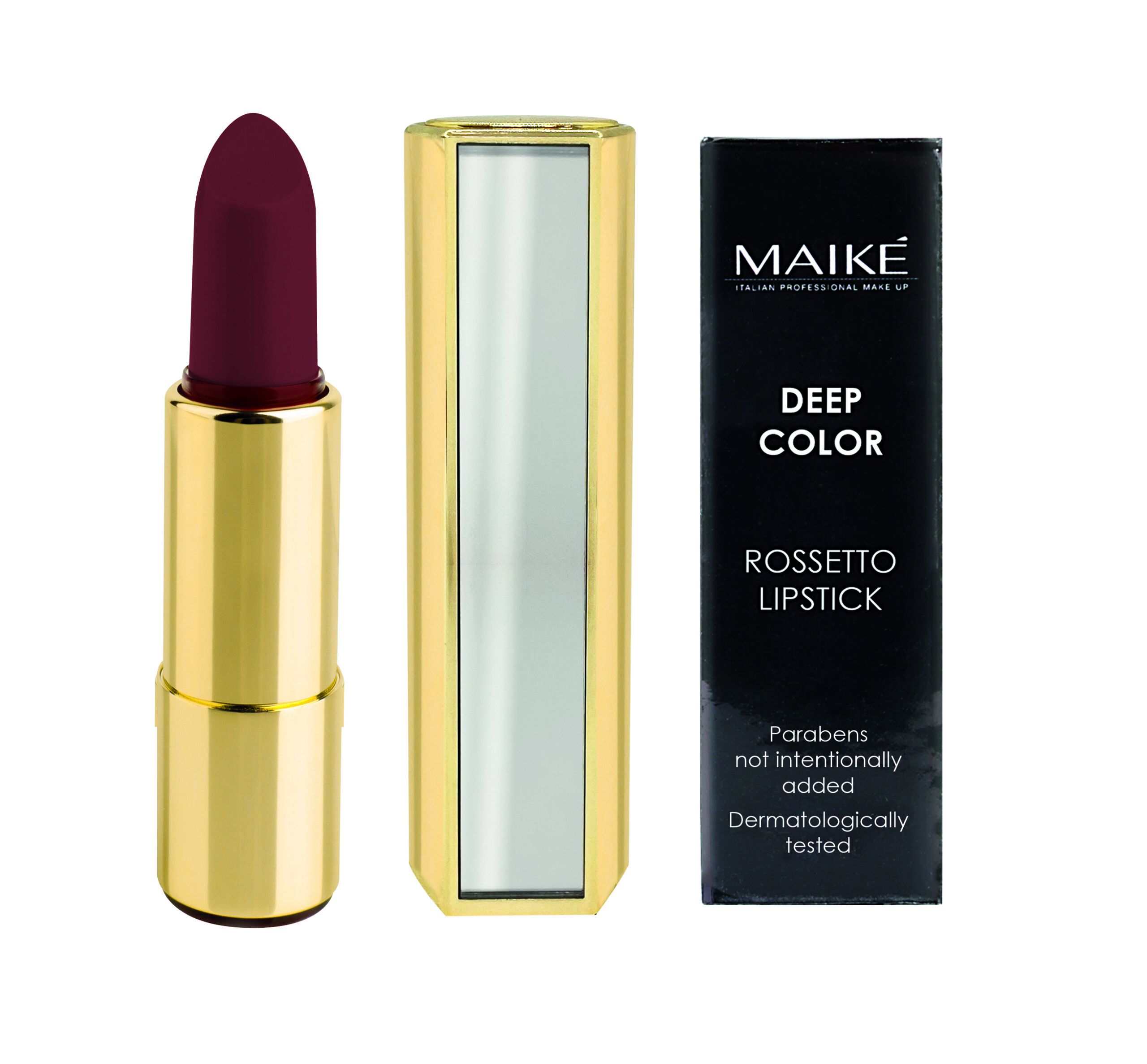 Red lipstick in golden tube on white background with mirror refl